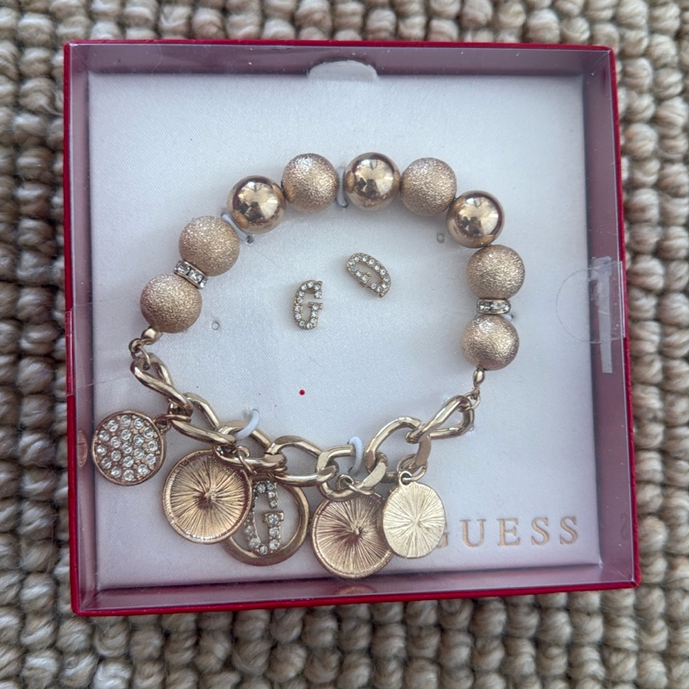 Guess Rose Gold Charm Bracelet & Earrings Set